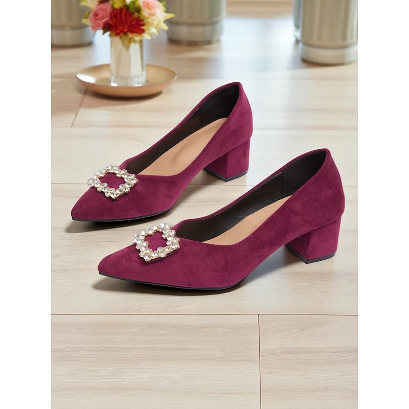Women's Burgundy Suede Block Heel Pumps with Rhinestone Buckle - Elegant Retro Style Dress Shoes for Ladies, Ideal for Office, Weddings, and Parties3