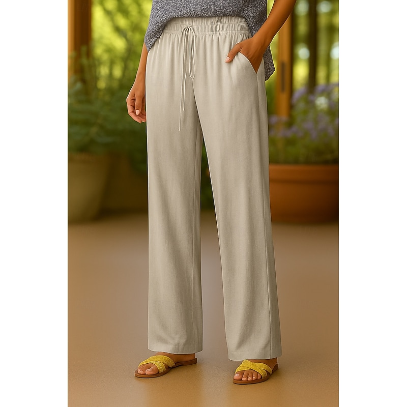 Women's Cotton Linen Pants Chinos Fashion Basic Casual Full Length High Waist Plain Drawstring Comfort Outdoor Stretchy Vacation Street Daily Black Khaki Beige Summer Spring Regular Fit2
