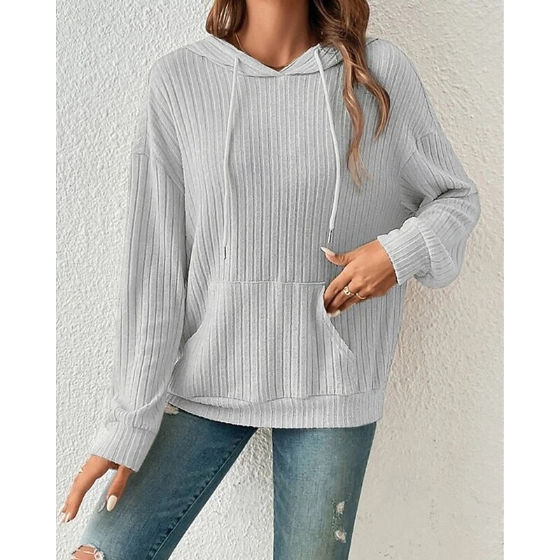 Women's Texture Sweatshirt Pullover Hoodie Sweatshirt Plain Streetwear Casual Comfy Long Sleeve Hooded Regular Tops Street Holiday Going out Front Pocket Black Beige Gray Fall4