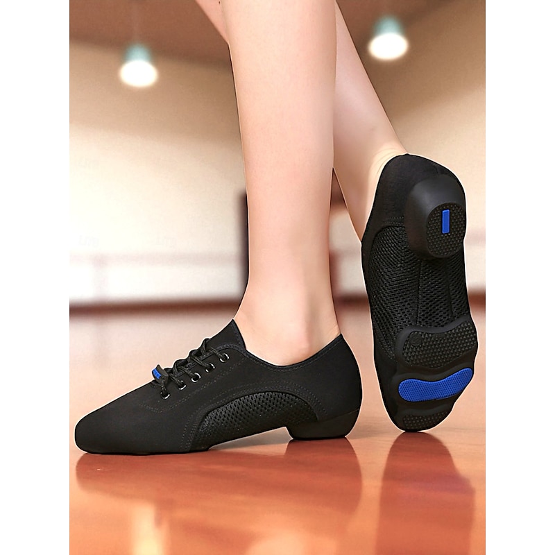 Women's Black Mesh Jazz Dance Sneakers - Lightweight Breathable Lace-Up Shoes for Professional Latin, Ballroom, and Practice Training