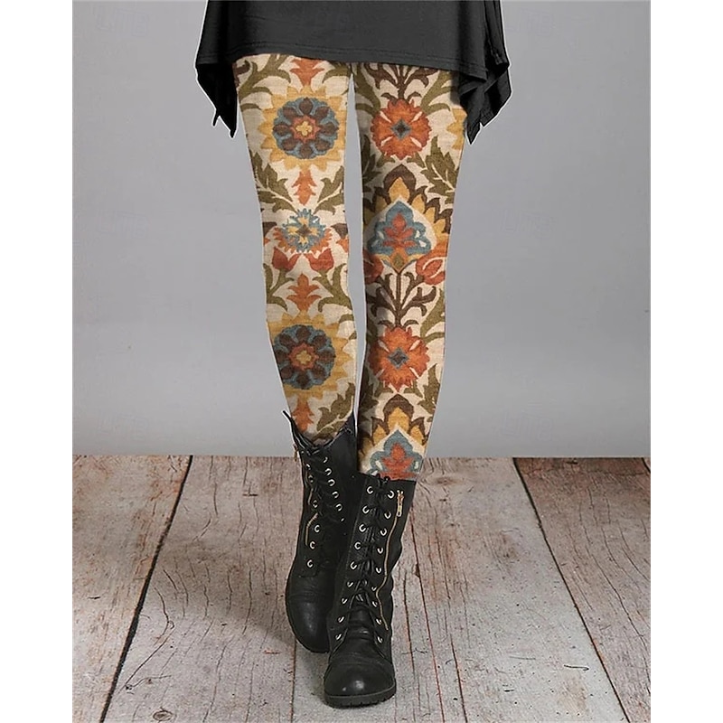 Women's Pants Trousers Leggings Cozy Leggings Streetwear Casual Full Length High Waist Flower Elastic Waist Print Breathability Comfortable Stretchy Vacation Street Daily Wear Orange Spring Fall