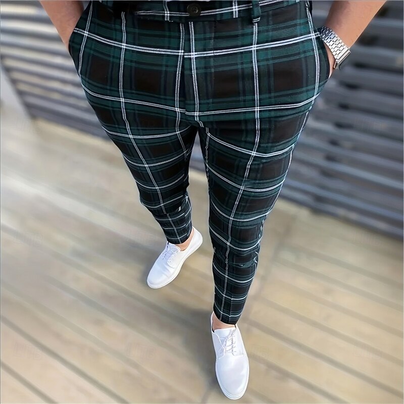 Men's Geometric Grid / Plaid Dress Pants Trousers Suit Pants Mid Waist Business Casual Formal Dailywear Slim Fit Pants with Pockets Spring Fall 3D Print Red Blue3