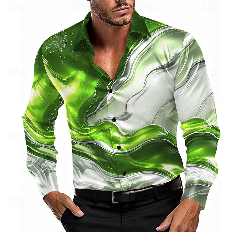 Men's Gradient Waves Marble Shirt Satin Shirt Dress Shirt Long Sleeve Fashion Casual Vacation Dailywear Summer Spring Fall Turndown 3D Print Button Up Shirts Blue Purple Green3