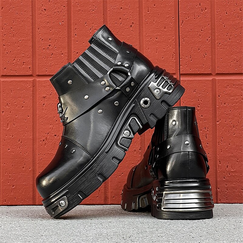 Men's Black Studded Moto Boots – Gothic Platform Ankle Boots with Buckle Straps for Rock Concerts & Halloween4