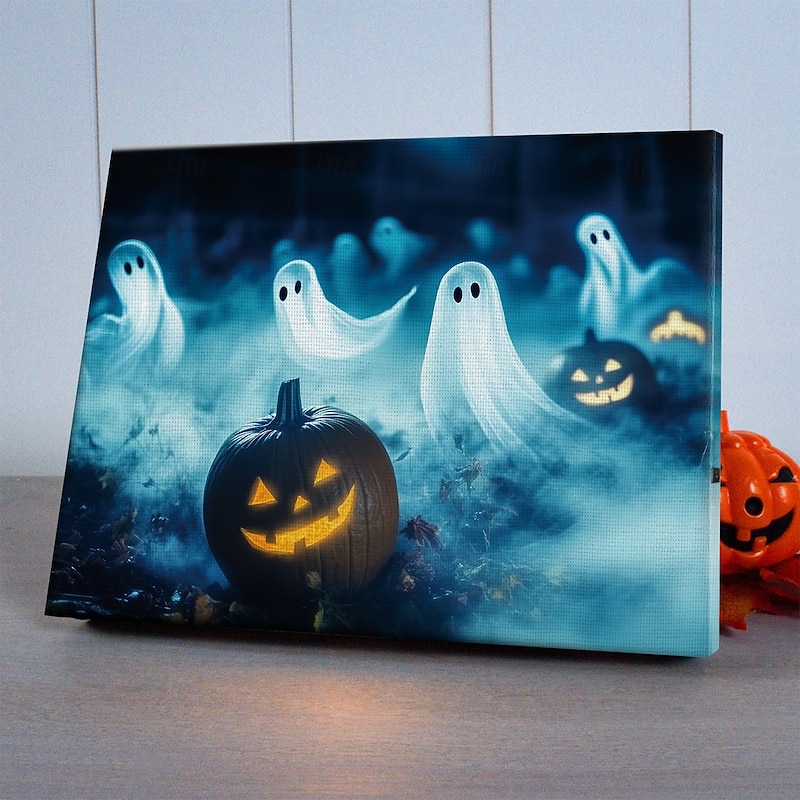 Halloween Ghosts and Pumpkins LED Canvas Wall Art - Battery Operated Lighted Wall Decor for 2025 Halloween home decoration light livingroom and bedroom2