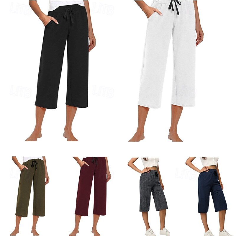 Women's Wide Leg Chinos Casual Calf-Length Natural Plain Wide Leg Comfy Breathability Casual Daily Black White Wine Army Green Spring Fall Regular Fit