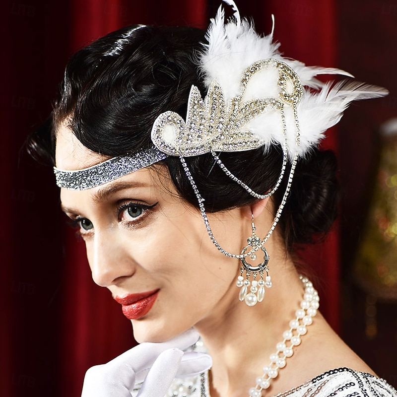 Women's 1920s Gatsby Flapper Headband - Rhinestone Feather Hair Accessory with Chains for Retro Themed Parties and Roaring Twenties Events3