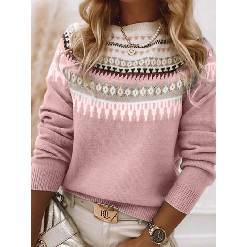 Women's Sweater Casual Soft Geometric Ribbed Crew Neck Knitted Print Long Sleeve Regular Tops Knit Outdoor Daily Weekend Pink Blue Fall Winter2