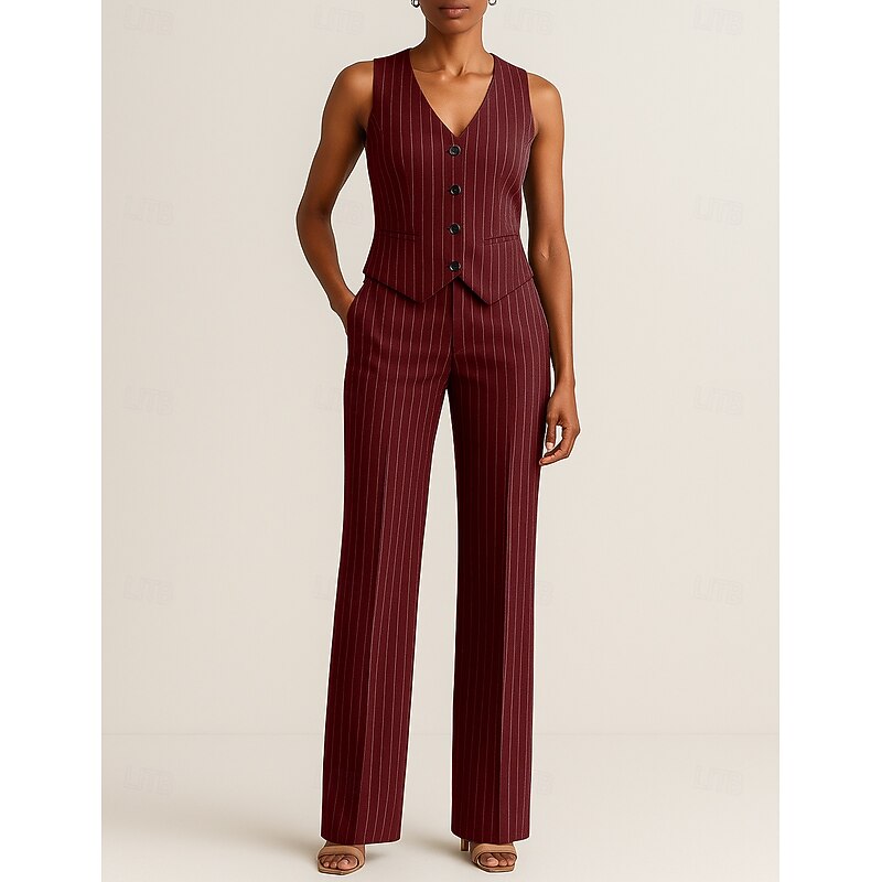 Women's 3 Pieces Pinstriped Suits Formal Wedding Guest Formal Evening Elegant Simple Long Sleeve Ankle Length Peak Lapel Single Breasted2