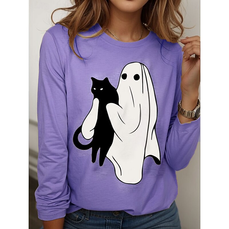 Halloween Women's T shirt Ghost Crew Neck Long Sleeve Tunic Graphic Cat Vintage Stylish Classic Round Neck Regular Tops Daily Weekend Print Pink Blue Purple Green Khaki Spring Fall3