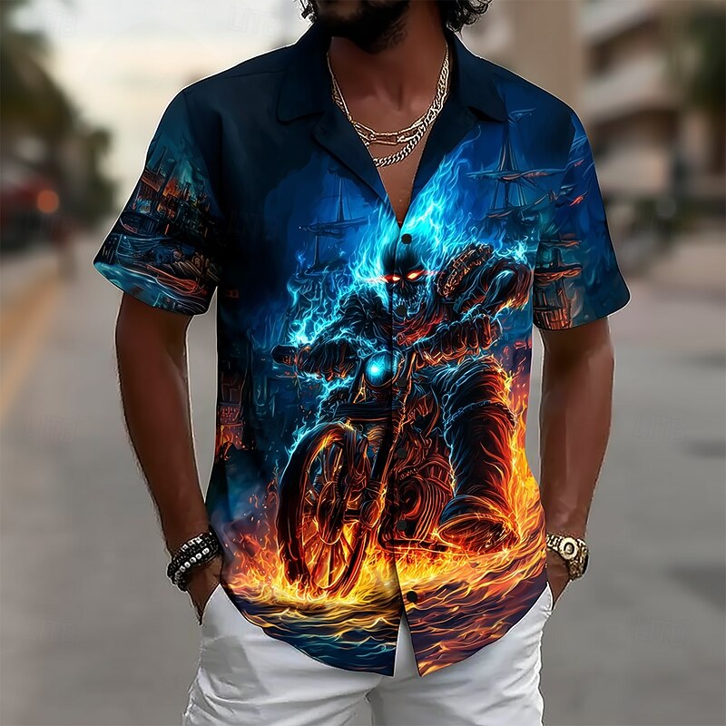 Halloween Men's Skull Flame Sailboat Shirt Cuban Collar Shirt Button Up Shirt Short Sleeve Dark Punk Gothic Style Holiday Streetwear Summer Camp Collar Shirt 3D Print Blue 2# Blue 1#