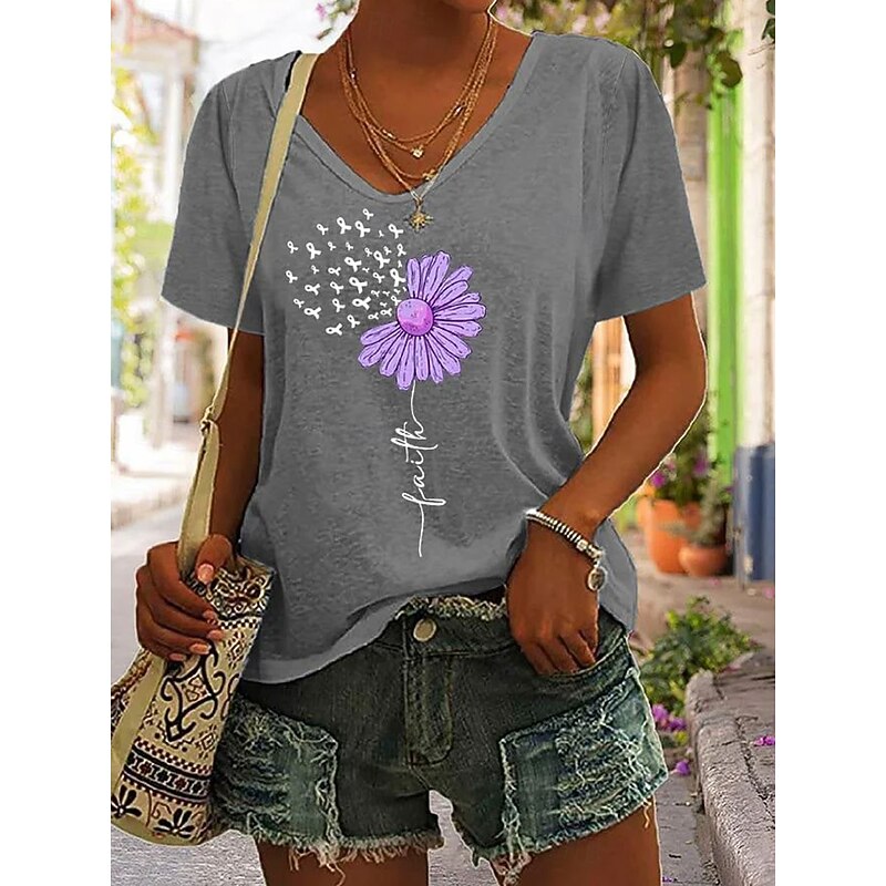 Women's T Shirt Floral Graphic Letter Bohemia Vintage Stylish Short Sleeve V Neck Regular Tops Daily Going out Weekend Print Black White Pink Purple Green Summer Spring4