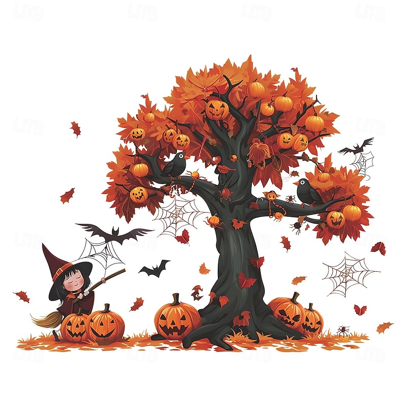 Halloween Cartoon Witch Pumpkin Tree Bat Wall Decals, Self-Adhesive Stickers for Living Room Background Wall, Cute Halloween Wall Decor for Home or Party3
