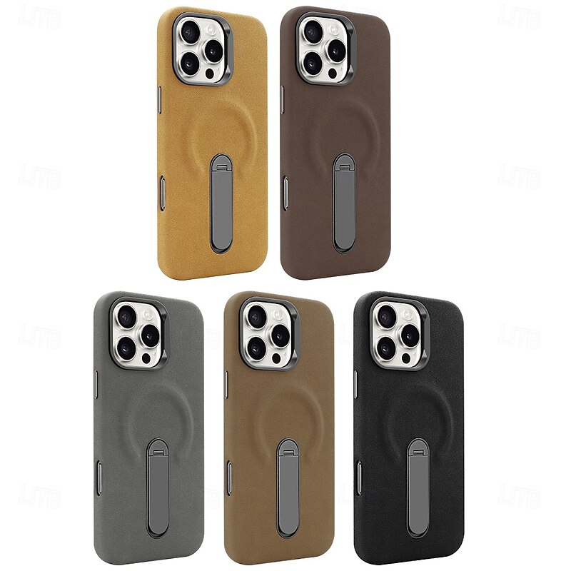 Phone Case For iPhone 16 15 Pro Max Back Cover with Stand Holder Magnetic Shockproof Retro TPU PU Leather
