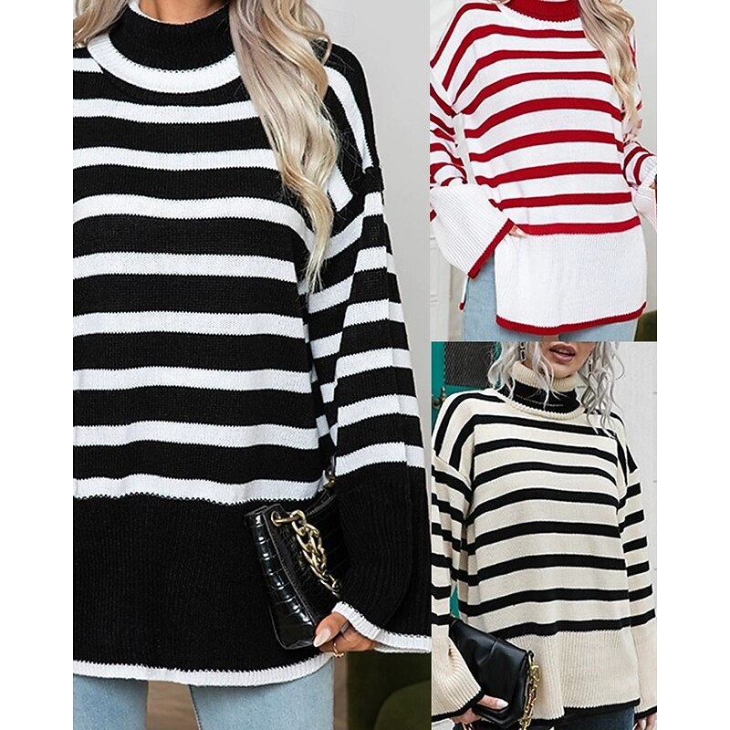 Women's Pullover Casual Striped Chunky Turtleneck Knitted Long Sleeve Regular Tops Knit Daily Holiday Going out Black White Fall Winter