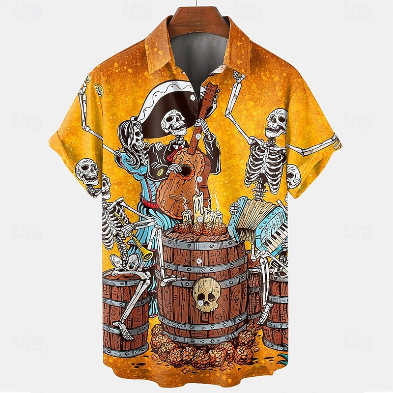 Raise A Glass by David Lozeau Men's Beer Skulls Button Up Shirt Short Sleeve Designer Shirt Limited Artist Edition