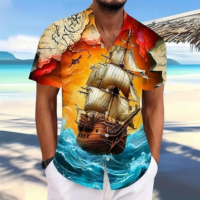 Halloween Men's Ocean Nautical Sailboat Shirt Summer Shirt Button Up Shirt Short Sleeve Vintage Retro Holiday Streetwear Summer Spring Turndown 3D Print Collared Shirts Orange