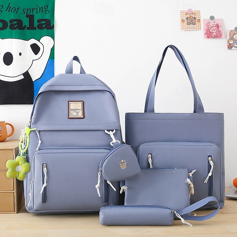 Girls 5-in-1 Solid Color Backpack Set – Stylish Blue School Bag with Tote, Crossbody, Pencil Case and Clutch for Teen Students and Campus Use3