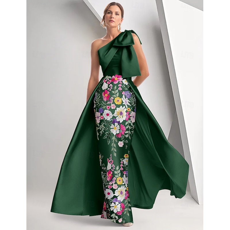 Floral Embroidered A-Line Evening Gown Elegant Dress Formal Wedding Floor Length Sleeveless One Shoulder Satin with Bow(s) Slit