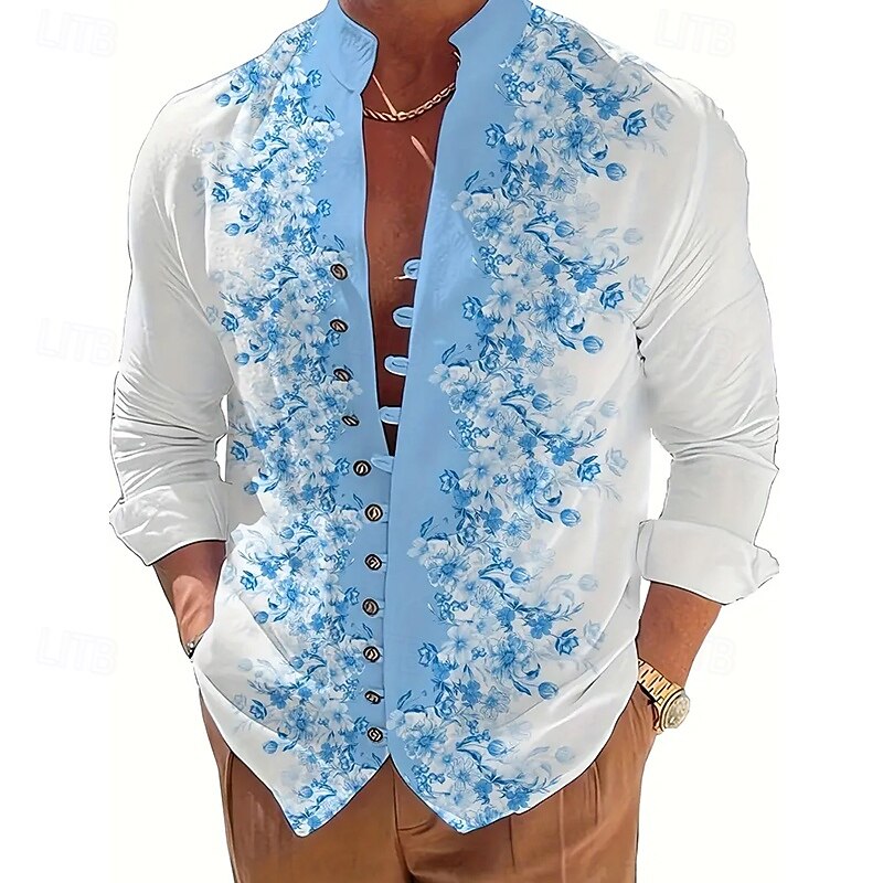 Men's Floral Print Flowers Shirt Stand Collar Shirt Long Sleeve Fashion Casual Vacation Daily Wear Going out Spring Fall Mandarin Collar Band Collar Button-Down Linen Like Shirt White