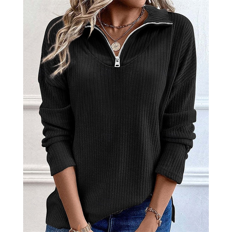 Women's Sweater Pullover Daily Stylish Casual Solid Color Ribbed Half Zip Zipper Knitted Long Sleeve Regular Tops Knit Daily Holiday Going out Black Blue Fall Winter3