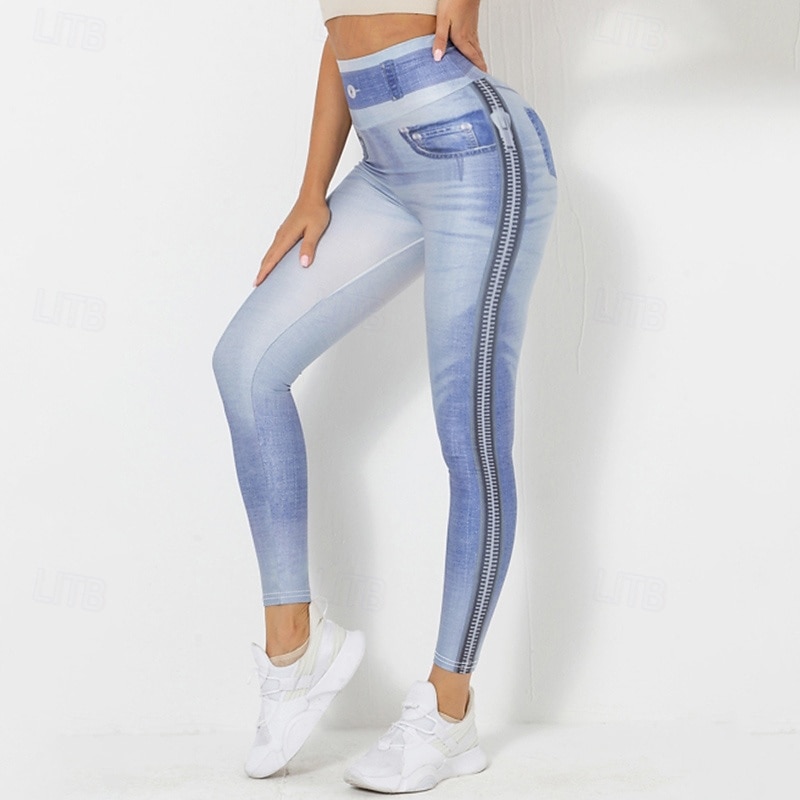Women's Denim Print Fake Jeans Yoga Leggings Tummy Control High Waist Gym Dance Athletic Bottoms Blue Light Blue Gray Fall Sports Activewear Tight Fit3