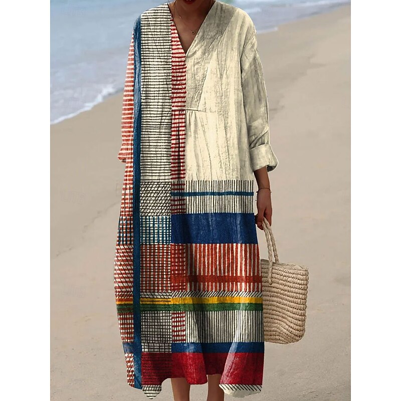 Women's Midi Dress V Neck Long Sleeve Kaftan Lightweight Loose Fit A Line Dress Casual Boho Party Loose Fit Graphic Geometric Long Sleeve V Neck White Blue Orange Brown Fall3