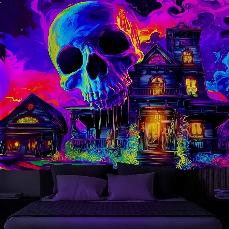 Halloween Blacklight Wall Tapestry – UV Reactive Haunted House with Glowing Skull, Neon Colors Spooky Graveyard Scene, Glow in the Dark Gothic Wall Hanging for 2025 Halloween Decoration