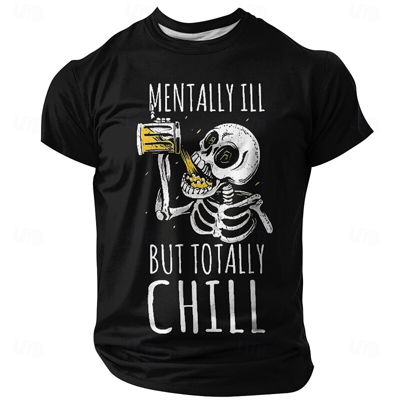 Men's Funny 'Mentally Ill But Totally Chill' Skeleton Drinking Short Sleeve Graphic T-Shirt, Red