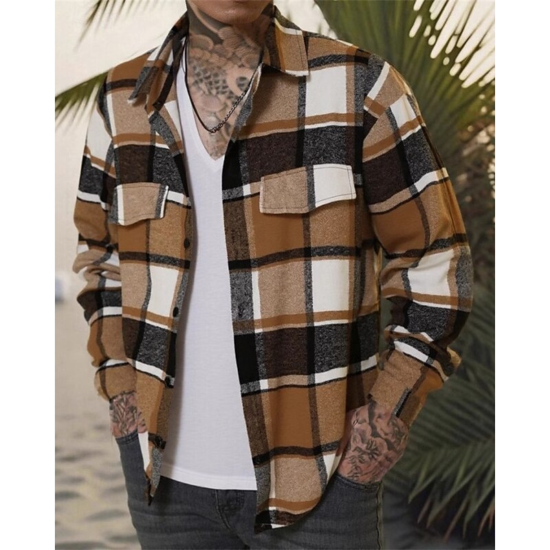 Men's Lightweight Jacket Shirt Jacket Casual Jacket Shacket Vacation Daily Breathable Pocket Spring Fall Plaid Fashion Classic Lapel Regular Green Khaki Gray Jacket