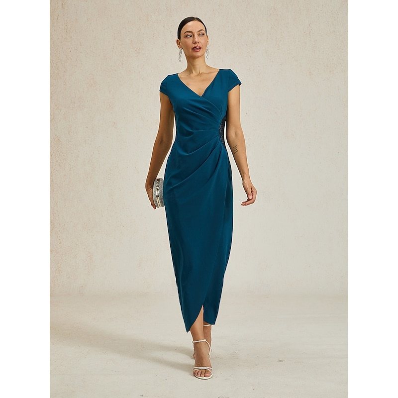 Women's Maxi Dress Sheath Dress Elegant Regular Fit Solid Color Short Sleeve V Neck Ink Blue Summer Spring