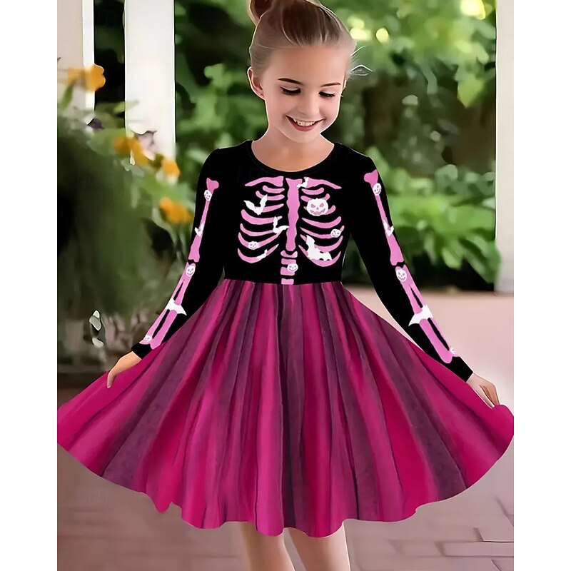 Halloween Girls' 3D Skull Dress Long Sleeve Summer Spring Vacation Daily Holiday Princess Beautiful Sweet Kids 4-12 Years Casual Dress A Line Dress Knee-length Regular Fit