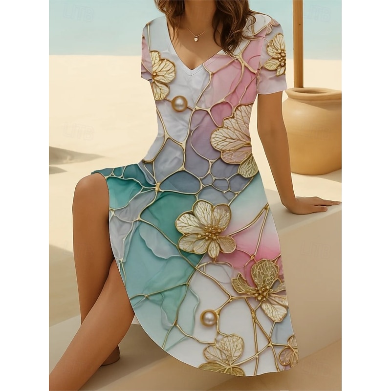 Women's Mini Dress T Shirt Dress Tee Dress Sundress A Line Dress Vacation Casual Boho Going out Beach Regular Fit Floral Graphic Short Sleeve V Neck Black Light Green Blue Sky Blue Summer Spring