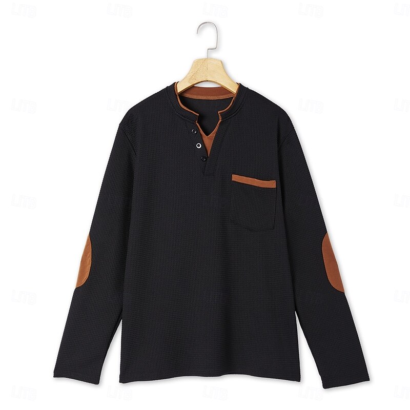 Men's Waffle Tee Waffle Henley Shirt Long Sleeve Solid Color Fashion Basic Casual Fake two piece V Neck Street Casual Sports Spring &  Fall All Seasons Black Navy Blue Army Green Henley T-Shirt2