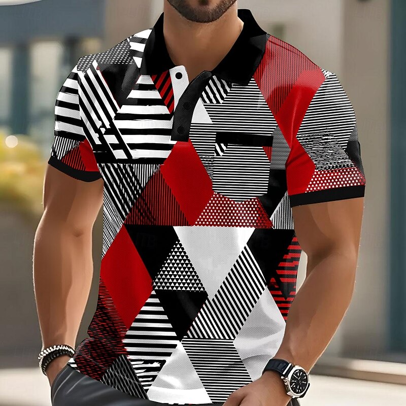 Men's Geometric Pattern Polo Short Sleeve Polo Shirts Collared Shirts Casual Outdoor Athleisure Daily Wear Pocket 3D Print Buttons Summer Red Blue Purple2