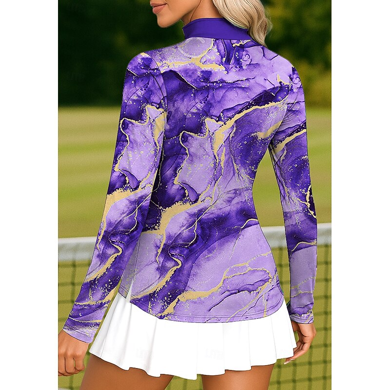 Women's Marble Golf Polo Shirt Tennis Shirt Tennis Tee Long Sleeve Print Quarter Zip Pullover UV Protection Elastic Breathable Volleyball Tennis Golf Stand Collar Zip Collar Shirt Polo Violet Tennis2