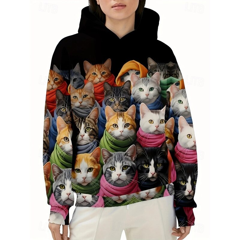 Women's Hoodie Pullover Sweatshirt Oversized Long Sleeve Casual Graphic Animal Cat Vintage Fashion Western Hooded Regular Tops Street Dailywear Print Front Pocket Black Fall Winter2