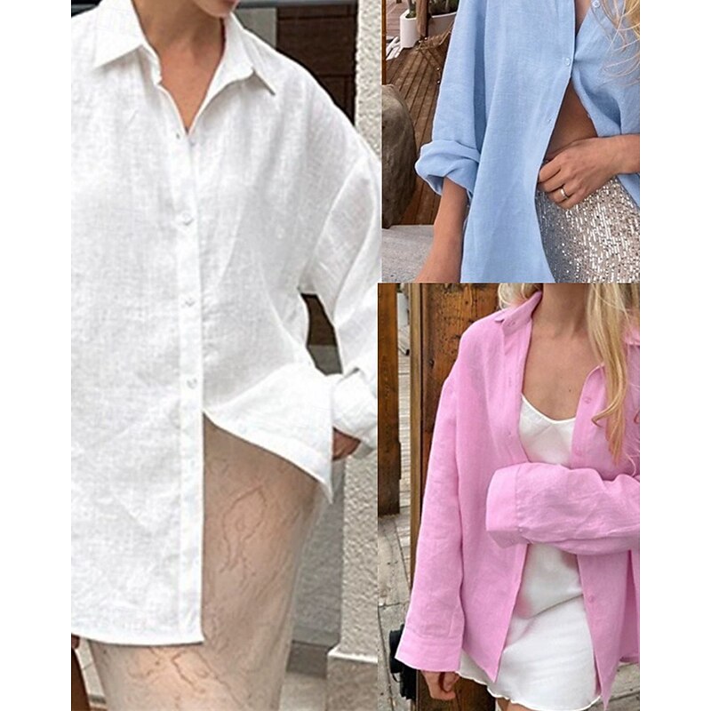 Women's Shirt Linen Shirt Plain Daily Stylish Basic Long Sleeve Shirt Collar Regular Tops Work Daily Holiday Buttons White Pink Blue Spring Fall
