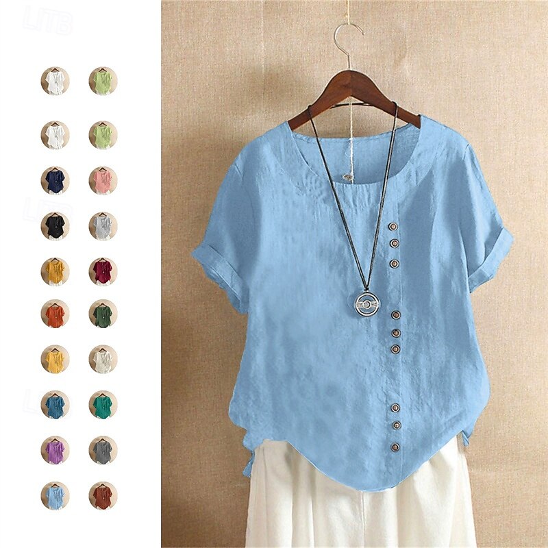 Women's Texture Blouse T Shirt Plain Fashion Modern Short Sleeve Crew Neck Regular Tops Daily Buttons White Army Green Light Blue Summer3