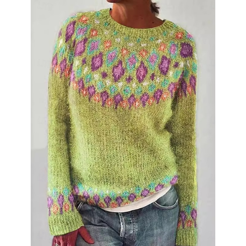 Women's Sweater Casual Soft Geometric Ribbed Crew Neck Knitted Print Long Sleeve Regular Tops Knit Outdoor Daily Weekend Yellow Green Fall Winter3