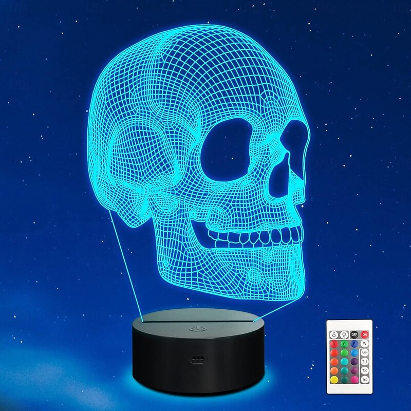 Skull Night Light for Kids, 3D Illusion Lamp LED Table Lamp 16 Colors Changing with Remote Control and Timer, Best Christmas Halloween Birthday Gift for Kids Boys