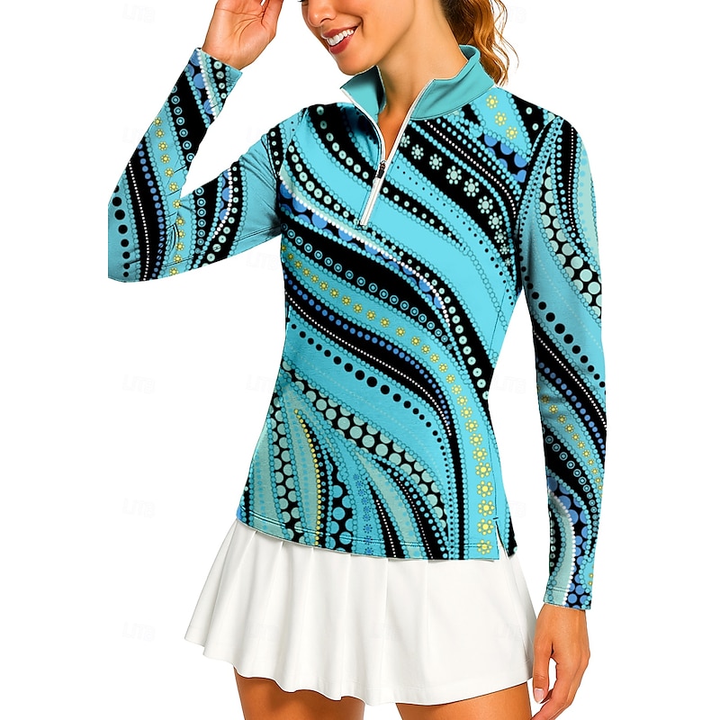 Women's Geometric Golf Polo Shirt Tennis Shirt Tennis Tee Long Sleeve Print Quarter Zip Pullover UV Protection Elastic Breathable Volleyball Tennis Golf Stand Collar Zip Collar Shirt Polo Blue and3