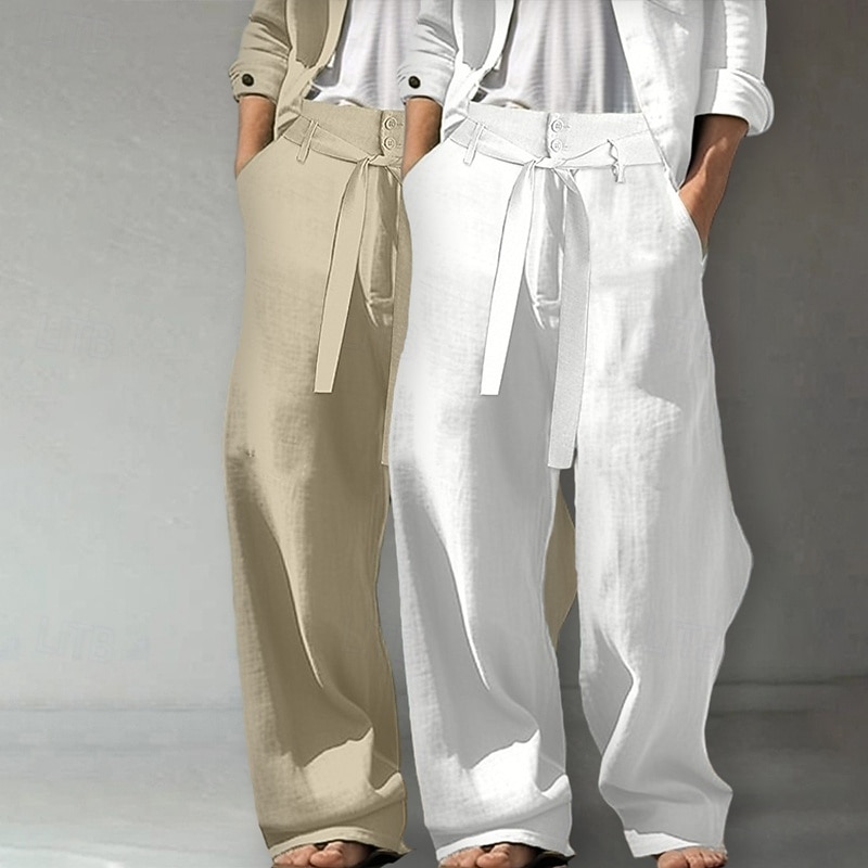 Men's Linen Pants Trousers Summer Pants Baggy Pants Elastic Waist Drawstring Straight Leg Plain Comfort Breathable Full Length Outdoor Daily Beach Vacation Fashion White+Green White+khaki Inelastic3