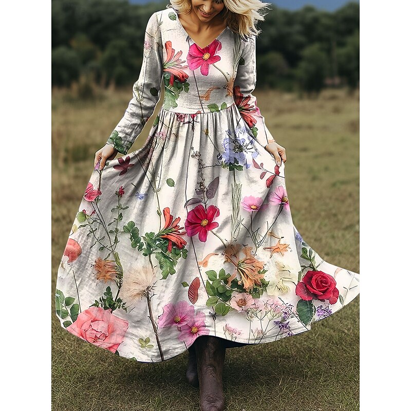 Women's Maxi Dress A Line Dress Vacation Casual Boho Beach Regular Fit Floral Graphic Butterfly Long Sleeve V Neck Pink Purple Beige Spring Fall3