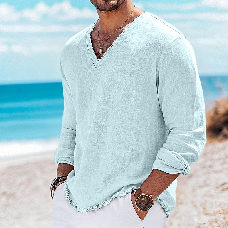 Men's Linen T-Shirt Long Sleeve V Neck Summer Spring Solid Color Vintage Bohemian Casual Raw Edge Vacation Street Casual White Pink Light Blue Top Tee for Men2