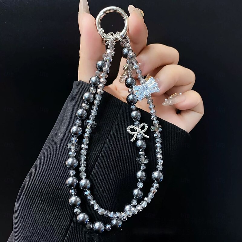 New Fashionable Diamond Bow Phone Chain Crystal Double Chain Pearl Pendant Creative Chain Premium Phone Chain4