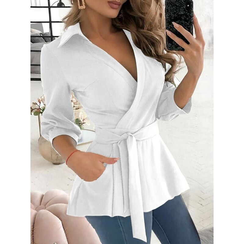 Women's Blouse Solid Color Elegant Stylish Basic Long Sleeve V Neck Regular Tops Daily Lace up Black White Fuchsia Green Summer Spring Fall4
