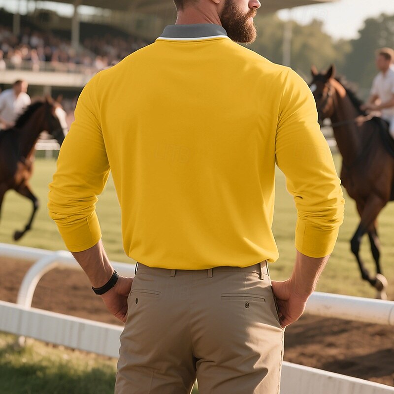 Men's Golf Shirt Pique Polo Shirt Business Casual Ribbed Polo Collar Long Sleeve Fashion Basic Color Block Pocket Buttons Summer Spring Spring &  Fall Regular Fit Wine Black White Yellow Light Blue4