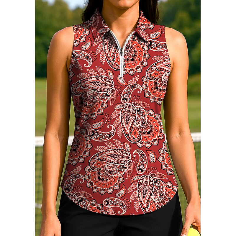 Women's Paisley Plants Tops Sport Shirt Golf Polo Shirt Tennis Shirt Sleeveless Zipper UPF50+ UV Resistant High Elasticity Moisture Wicking Breathable Tennis Pickleball Running Turndown Zip Collar3