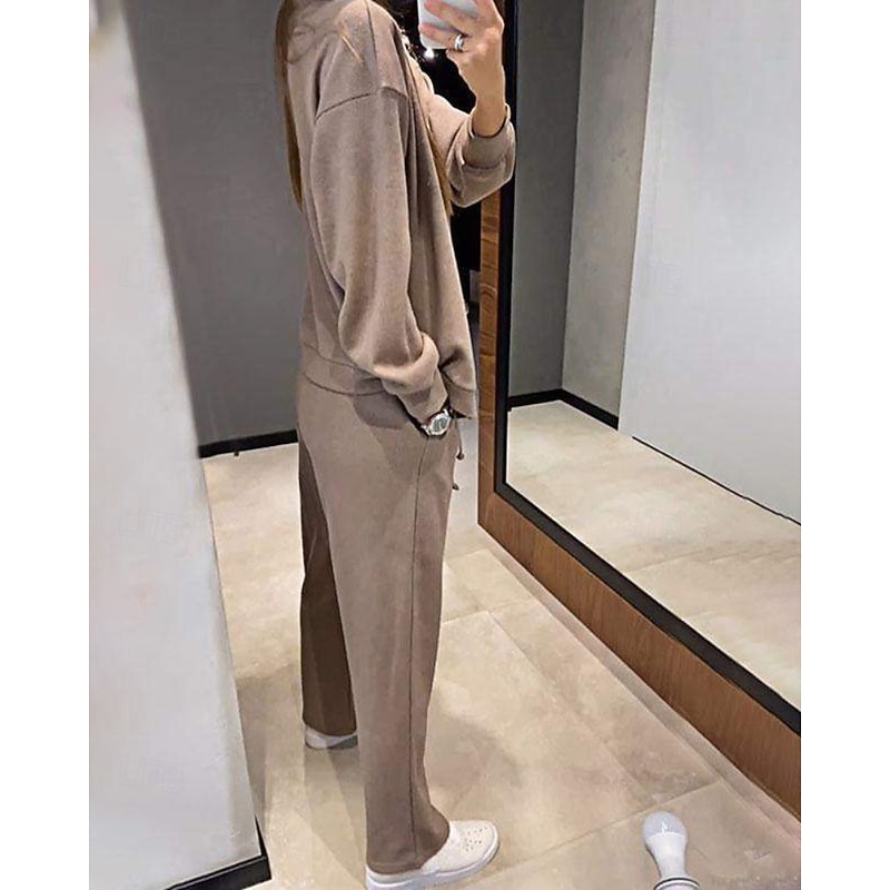 Women's Active Streetwear Blouse Pants Sets Long Sleeve V Neck Solid Color Vacation Daily Wear Black Army Green Dusty Blue Fall Regular Fit4